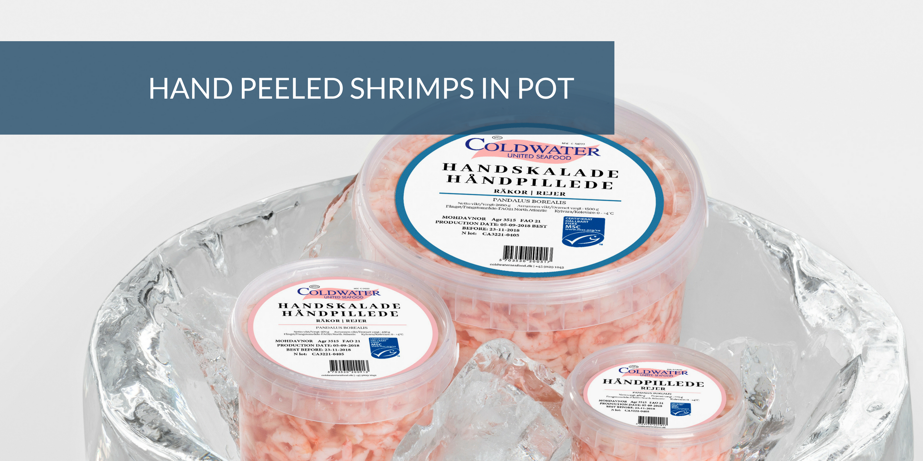 Hand peeled shrimps in pot